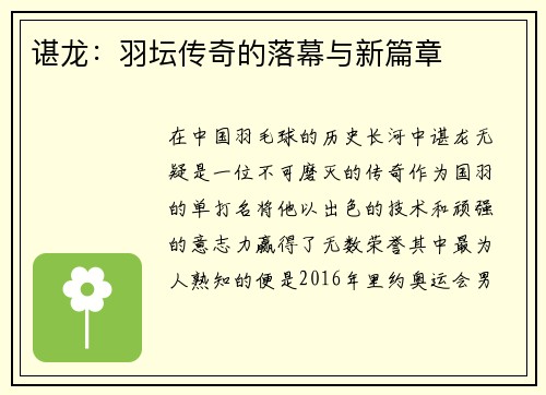 谌龙：羽坛传奇的落幕与新篇章