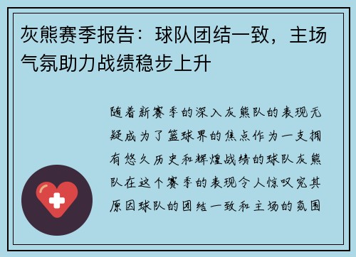 灰熊赛季报告：球队团结一致，主场气氛助力战绩稳步上升