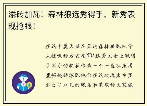 添砖加瓦！森林狼选秀得手，新秀表现抢眼！